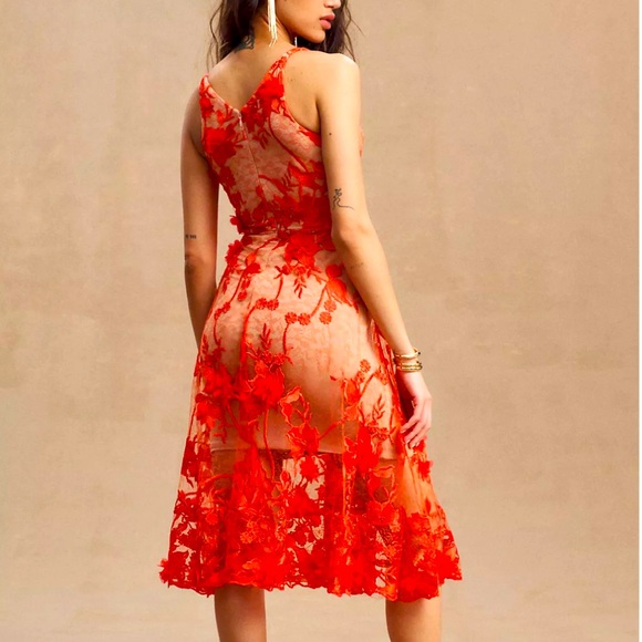 Audrey Fit & Flare Sheer Lace Floral Appliqué Midi Dress COLOR: Poppy Red/Orange - Picture 4 of 9